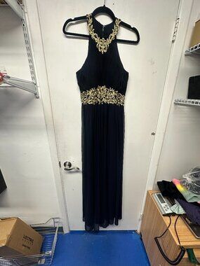 Betsy & Adam Navy Halter Bejewled Pleated Gown Sz 12